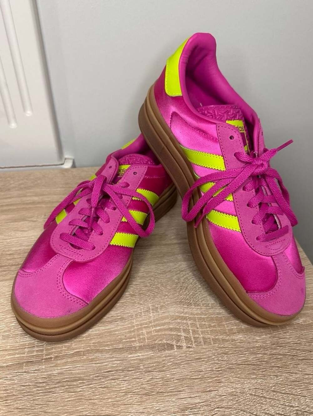 Adidas Gazelle Bold Lucid Fuchsia Solar Slime Satin Sneakers, Sz 7.5 US